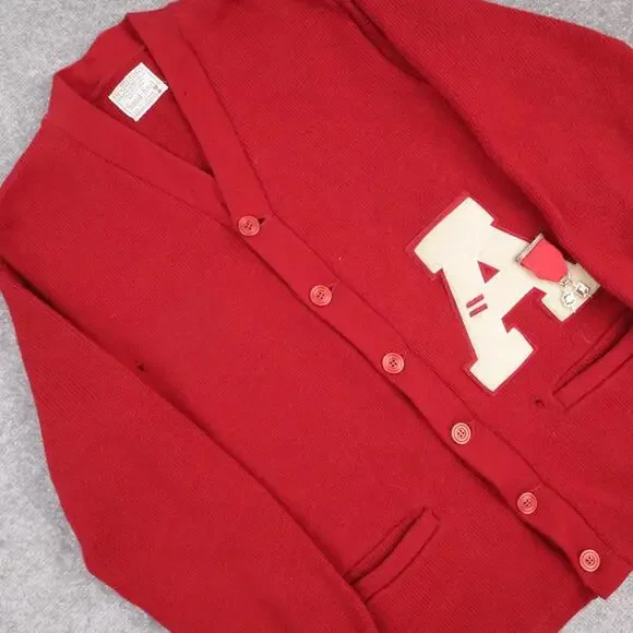 VTG 60s Spaulding Sand Knit Pins Varsity Medium Red Long Sleeve Cardigan Sweater